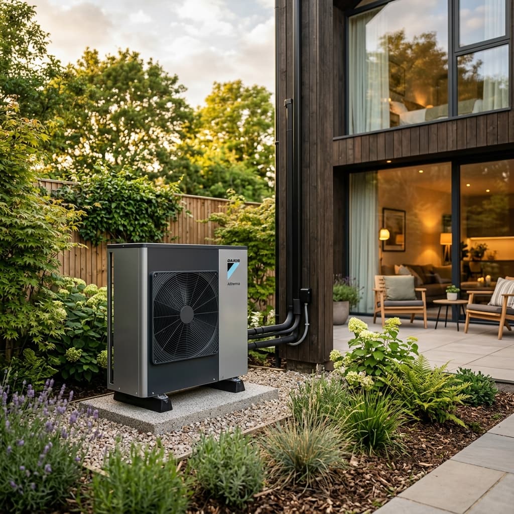 Pompe à chaleur moderne installée devant une maison
